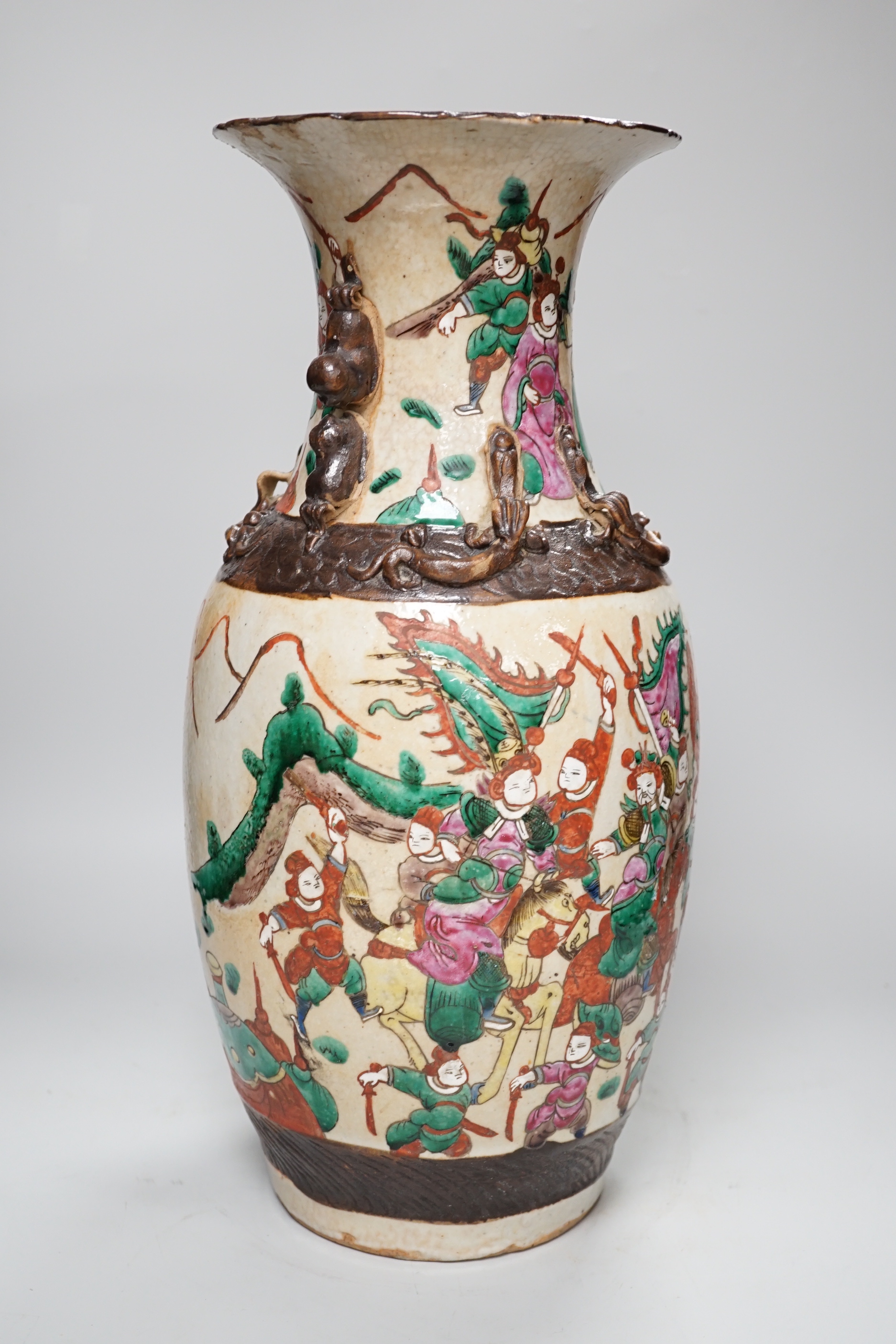 A Chinese crackleglaze famille rose 'Warriors' vase, early 20th century, 44cm